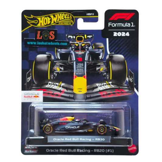 Hot Wheels Premium die-cast model of the 2024 Oracle Red Bull Racing RB20 driven by Max Verstappen, featuring Real Riders wheels and detailed livery in original packaging.