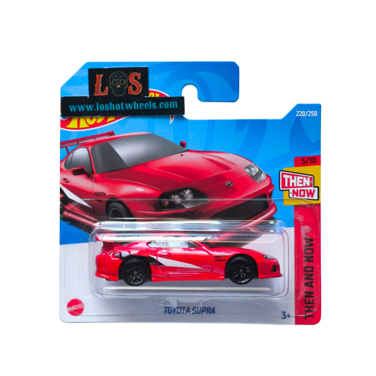Hot Wheels Toyota Supra die-cast model from the Then and Now Series in red with white graphics and black wheels, 220/250, 5/10, displayed in original packaging.