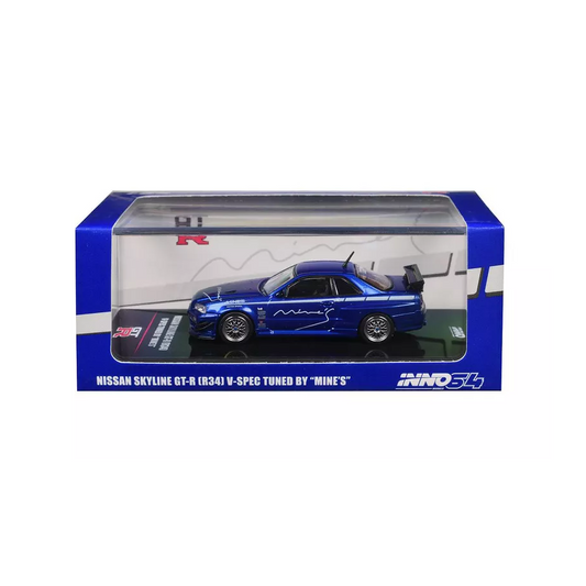 INNO64 1:64 scale die-cast model of the Nissan Skyline GT-R (R34) V-Spec Tuned by MINE'S with detailed livery and upgrades