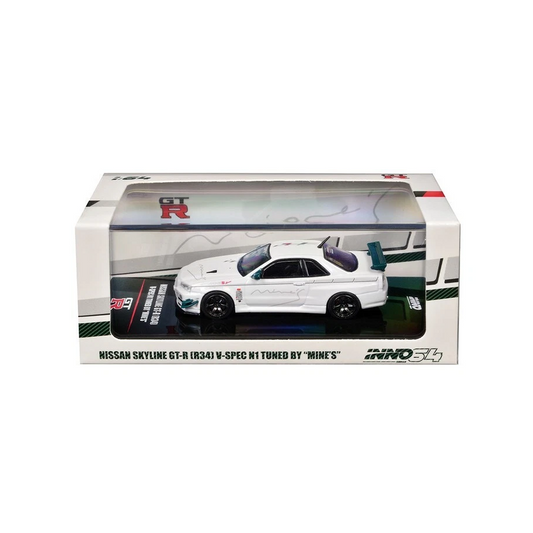 INNO64 1:64 scale die-cast model of Nissan Skyline GT-R (R34) V-Spec Tuned by MINE'S in white with full detailing