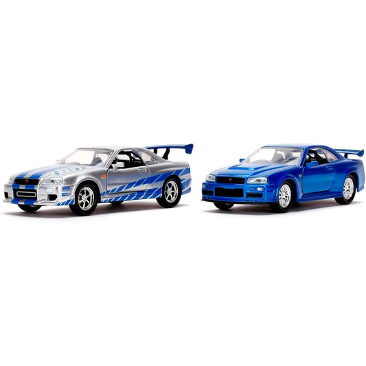 Jada 1:32 Fast & Furious twin pack with silver and blue Nissan GT-R R34 models driven by Brian O'Conner.