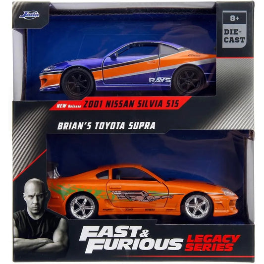Jada Toys 1:32 Fast & Furious Twin Pack featuring Orange Toyota Supra and Blue/Orange Nissan Silvia S15 die-cast cars.