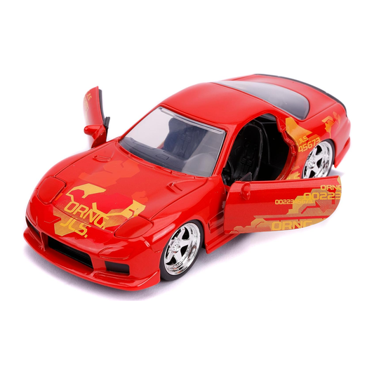 Jada Toys 1:32 scale die-cast model of Orange Julius’ orange 1993 Mazda RX-7 from 2 Fast 2 Furious with detailed livery.