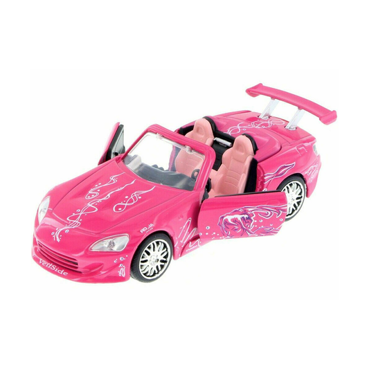 Jada Toys 1:32 die-cast model of Suki’s pink 2001 Honda S2000 from 2 Fast 2 Furious with detailed decals and finish.