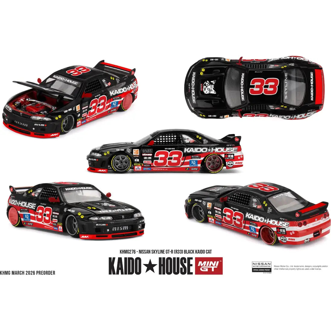 Kaido House x Mini GT 1:64 Nissan Skyline GT-R R33 Black Kaido Cat KHMG276 black and red racing die-cast model #33