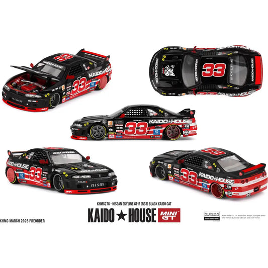 Kaido House x Mini GT 1:64 Nissan Skyline GT-R R33 Black Kaido Cat KHMG276 black and red racing die-cast model #33
