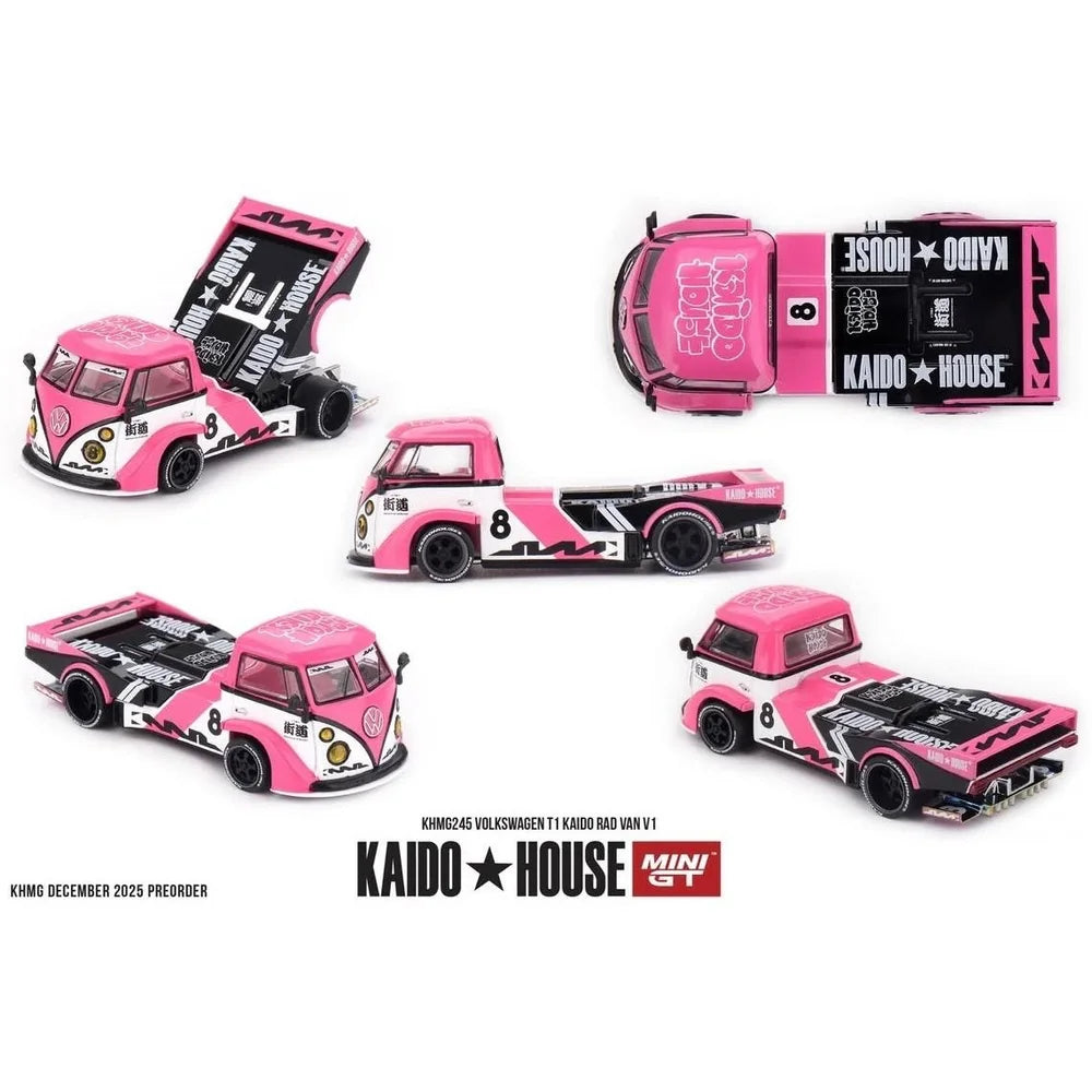 Kaido House x Mini GT 1:64 Volkswagen T1 Kaido Rad Van V1 KHMG245 pink white and black custom racing die-cast model