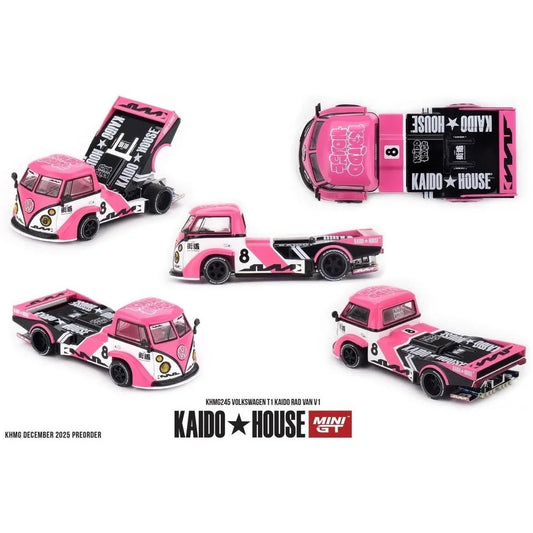 Kaido House x Mini GT 1:64 Volkswagen T1 Kaido Rad Van V1 KHMG245 pink white and black custom racing die-cast model