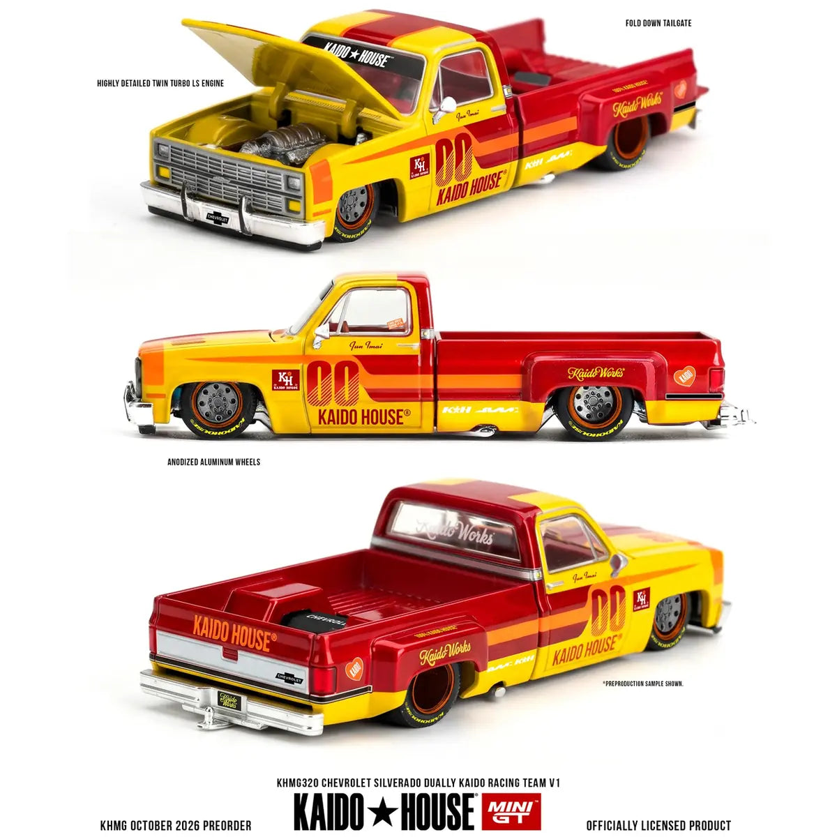 Kaido House x Mini GT Chevrolet Silverado Dually Kaido Racing Team V1 KHMG320 yellow and red 1:64 diecast pickup truck