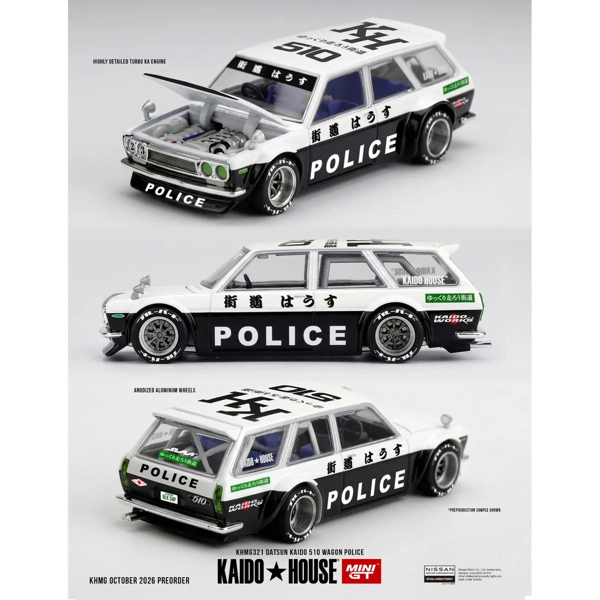 Kaido House x Mini GT Datsun Kaido 510 Wagon Police KHMG321 black and white Japanese police 1:64 diecast with opening hood
