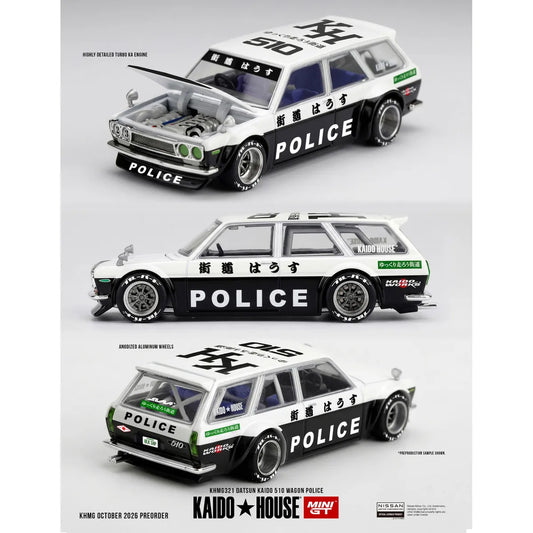 Kaido House x Mini GT Datsun Kaido 510 Wagon Police KHMG321 black and white Japanese police 1:64 diecast with opening hood