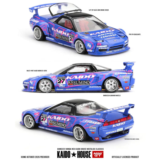 Kaido House x Mini GT Honda NSX Nostalgic Classics KHMG322 blue 1:64 diecast with pop-up headlights, rear wing and opening engine cover
