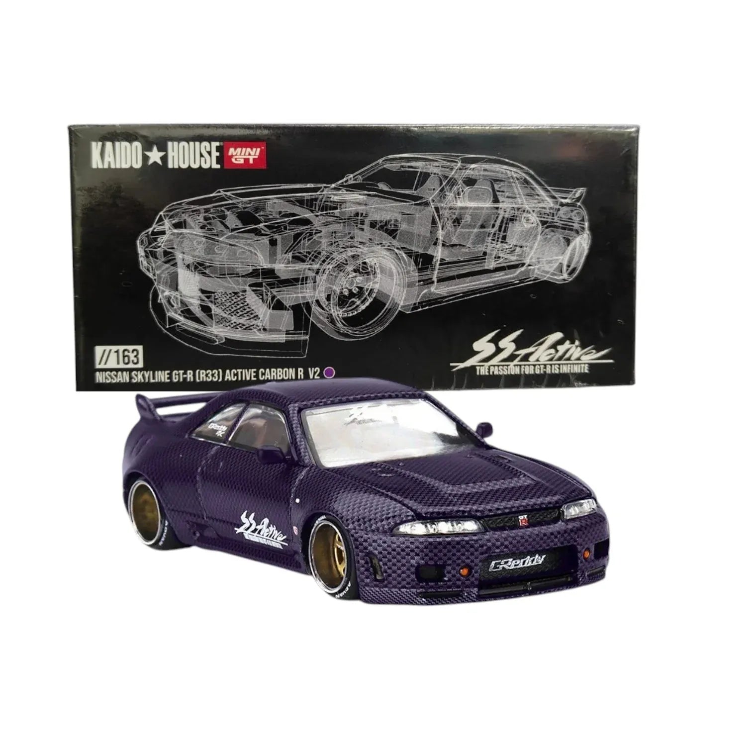 Kaido House x MiniGT 1:64 scale die-cast Nissan Skyline GT-R R33 Active Carbon R V2 1995 KHMG163 with custom design by Jun Imai.