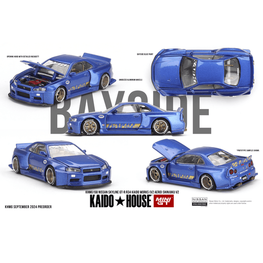 Kaido House MiniGT 1:64 Nissan Skyline GT-R (R34) V2 Aero in blue from Shinjuku V2 series with KHMG158 code.