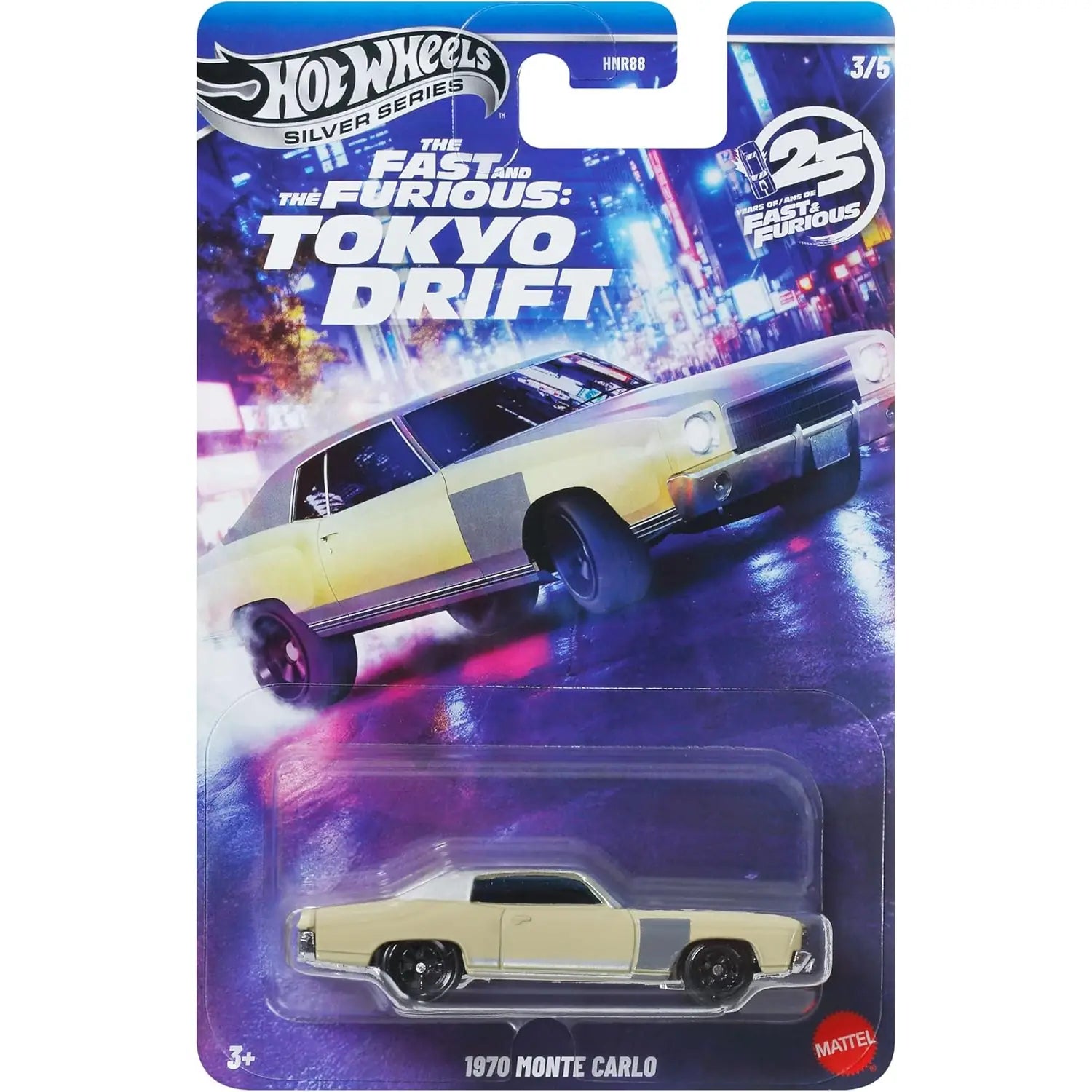 Hot Wheels 1:64 1970 Monte Carlo Fast & Furious Tokyo Drift 3/5 HNR88 JKX07 Silver Series die-cast collectible car.
