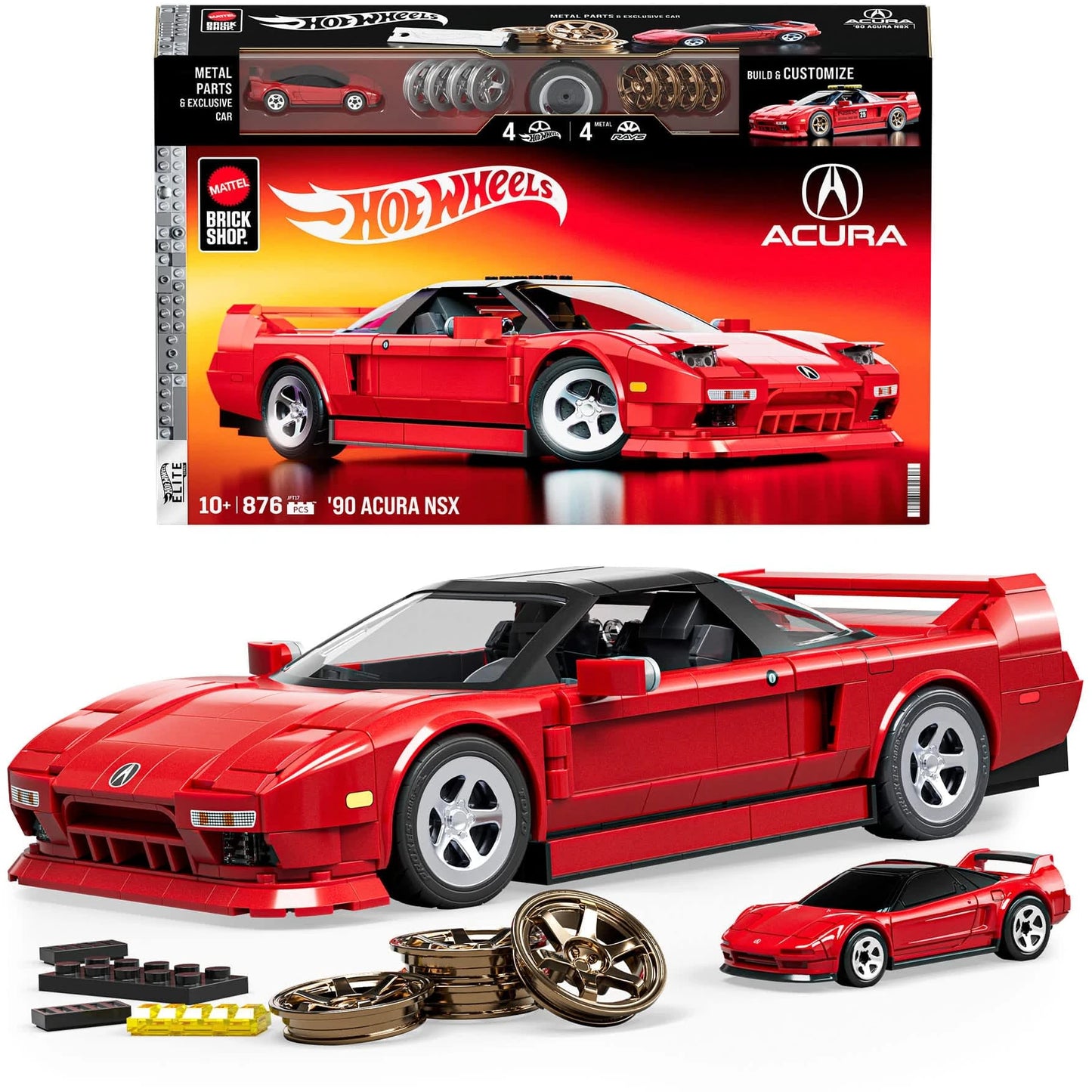 Mattel Brick Shop 1:16 scale ’90 Acura NSX set with exclusive die-cast car and JDM customization features