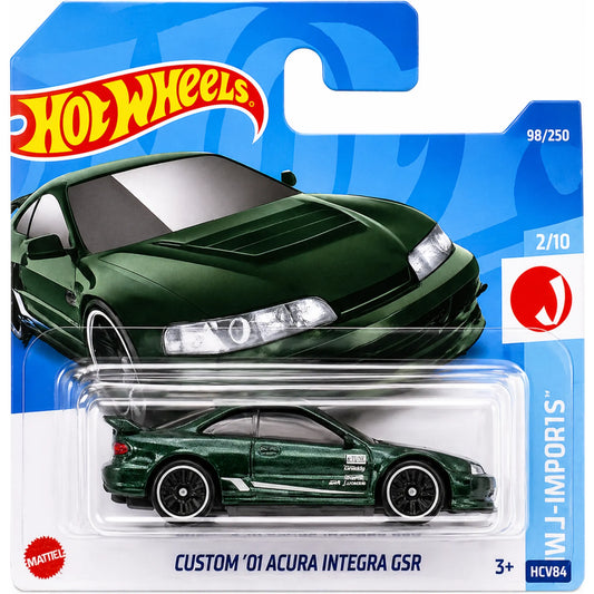 Hot Wheels Custom '01 Acura Integra GSR in yellow with custom decals, part of the HW J-Imports series, 98/250 from 2022