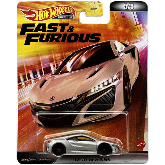 Hot Wheels Premium Fast & Furious '17 Acura NSX Silver 5/5 featuring Real Riders rubber tires, Metal/Metal construction and premium factory detailing.