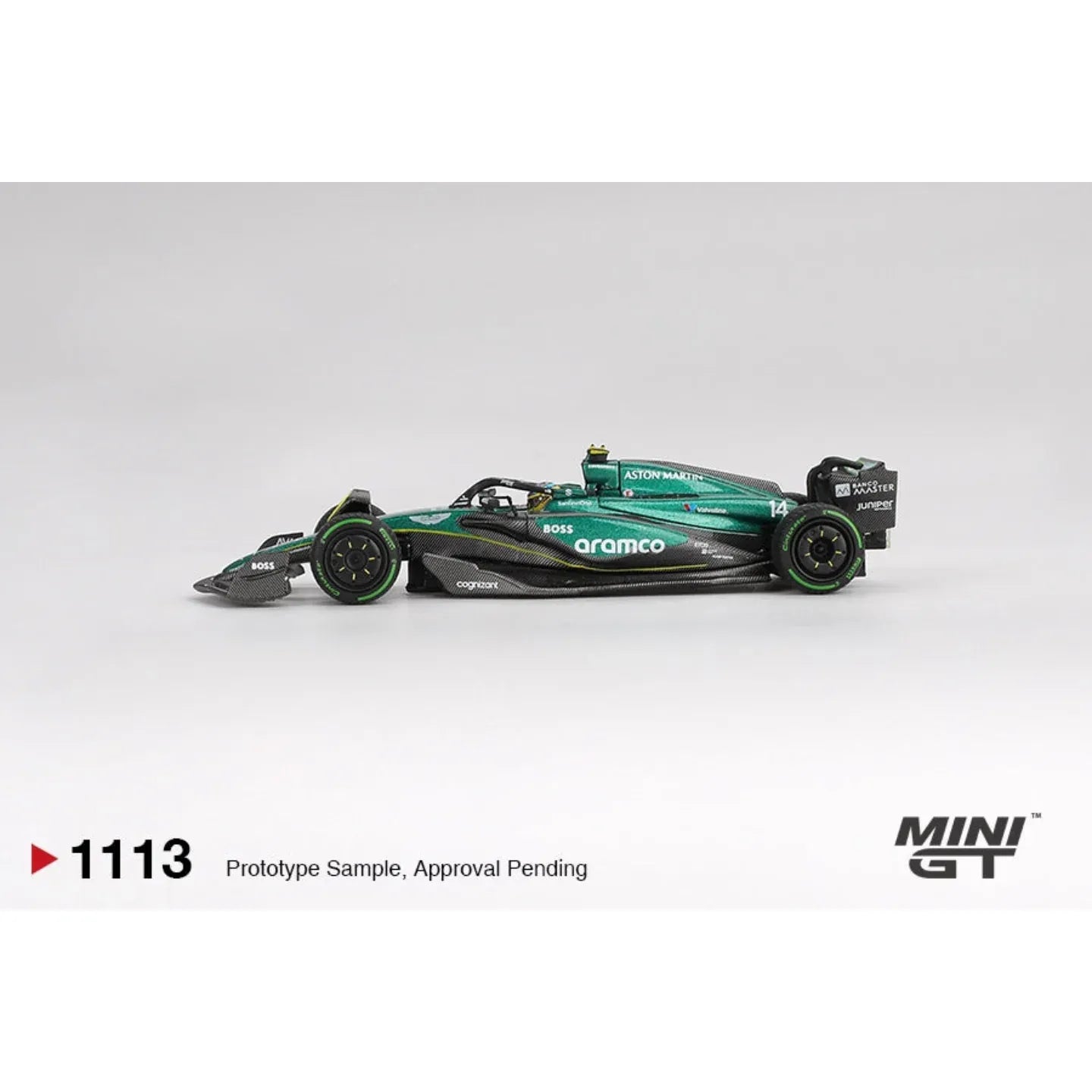 Mini GT 1:64 Aston Martin AMR24 #14 Fernando Alonso Canadian GP 2024 Formula 1 die-cast model car.