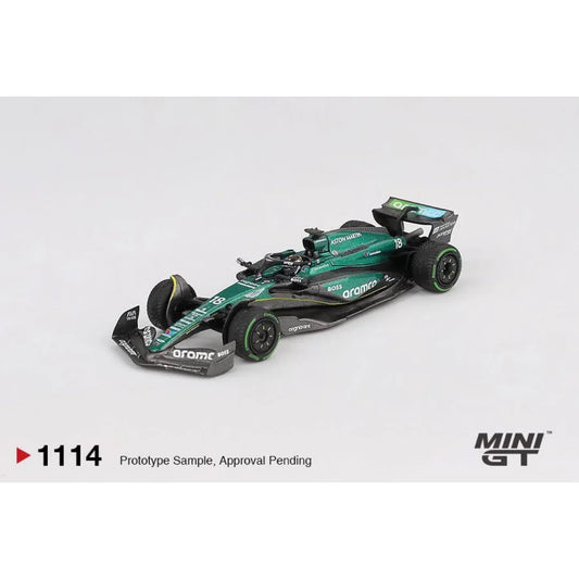 Mini GT 1:64 Aston Martin AMR24 #18 Lance Stroll Canadian GP 2024 Formula 1 die-cast model car.