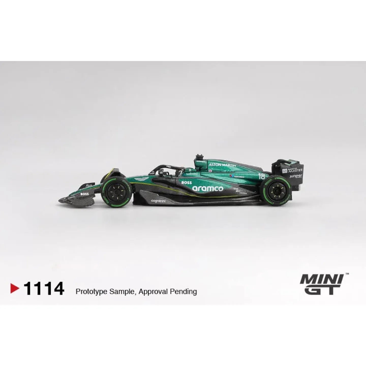 Mini GT 1:64 Aston Martin AMR24 #18 Lance Stroll Canadian GP 2024 Formula 1 die-cast model car.