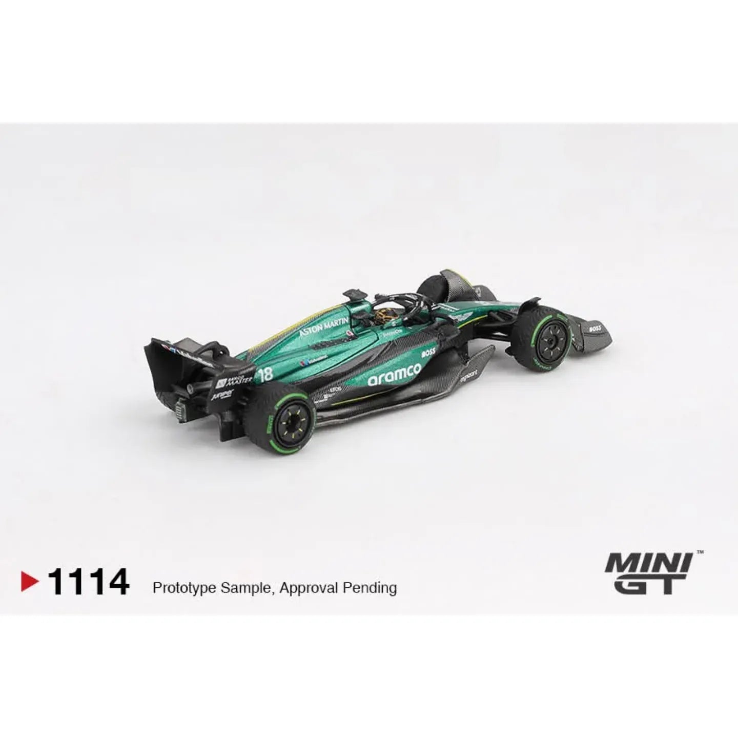Mini GT 1:64 Aston Martin AMR24 #18 Lance Stroll Canadian GP 2024 Formula 1 die-cast model car.