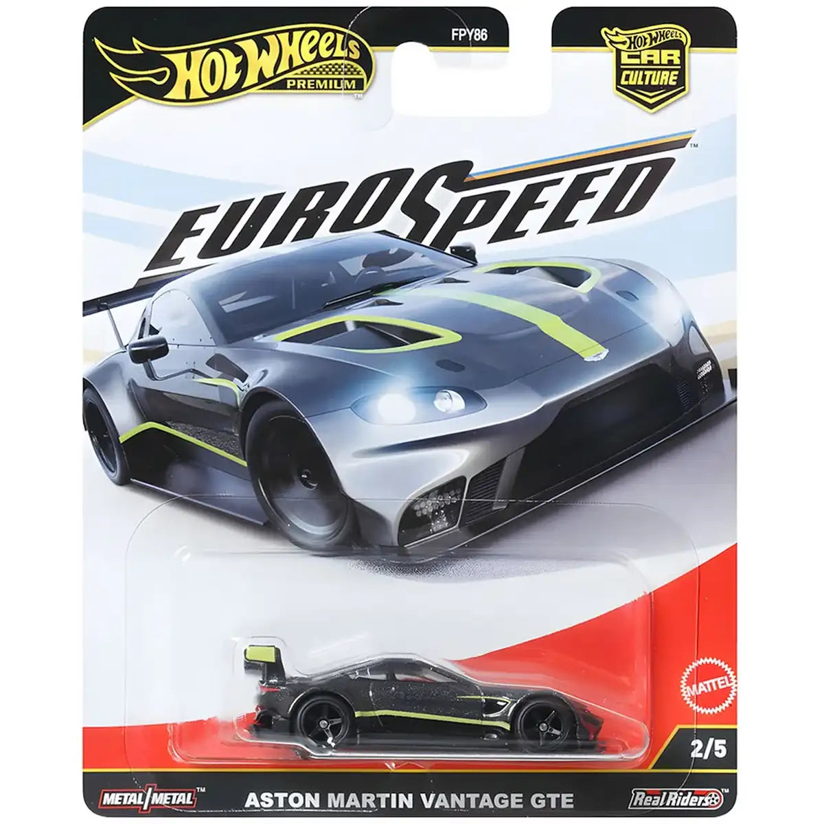 Hot Wheels Car Culture Euro Speed Aston Martin Vantage GTE die-cast with Real Riders wheels and race livery