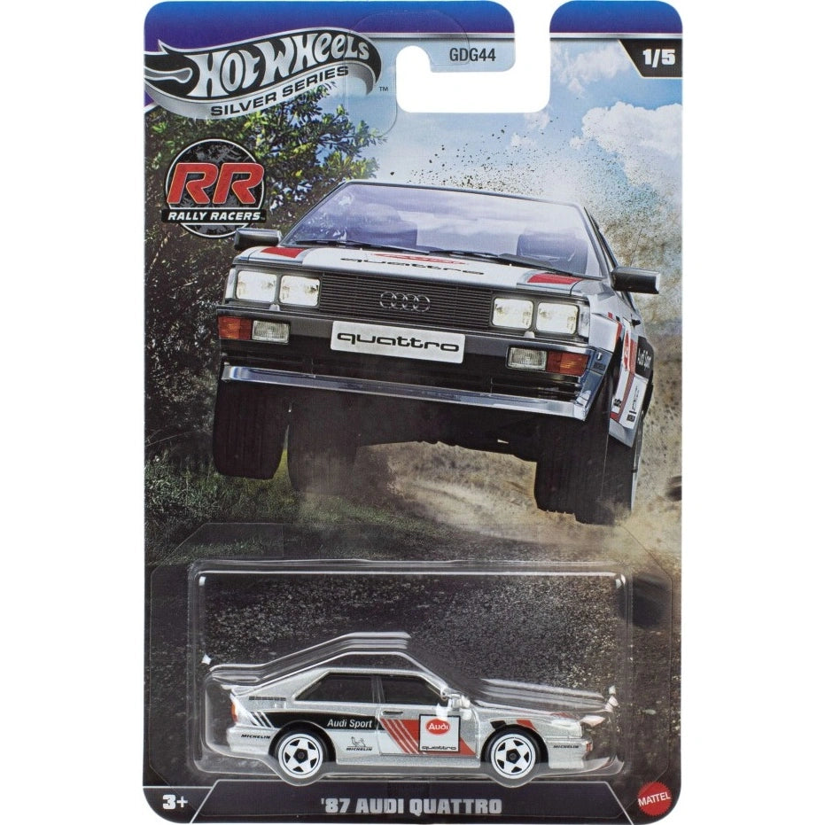 Hot Wheels 1:64 scale 1987 Audi Quattro from Silver Series RR Rally Racers with rally-inspired detailing.