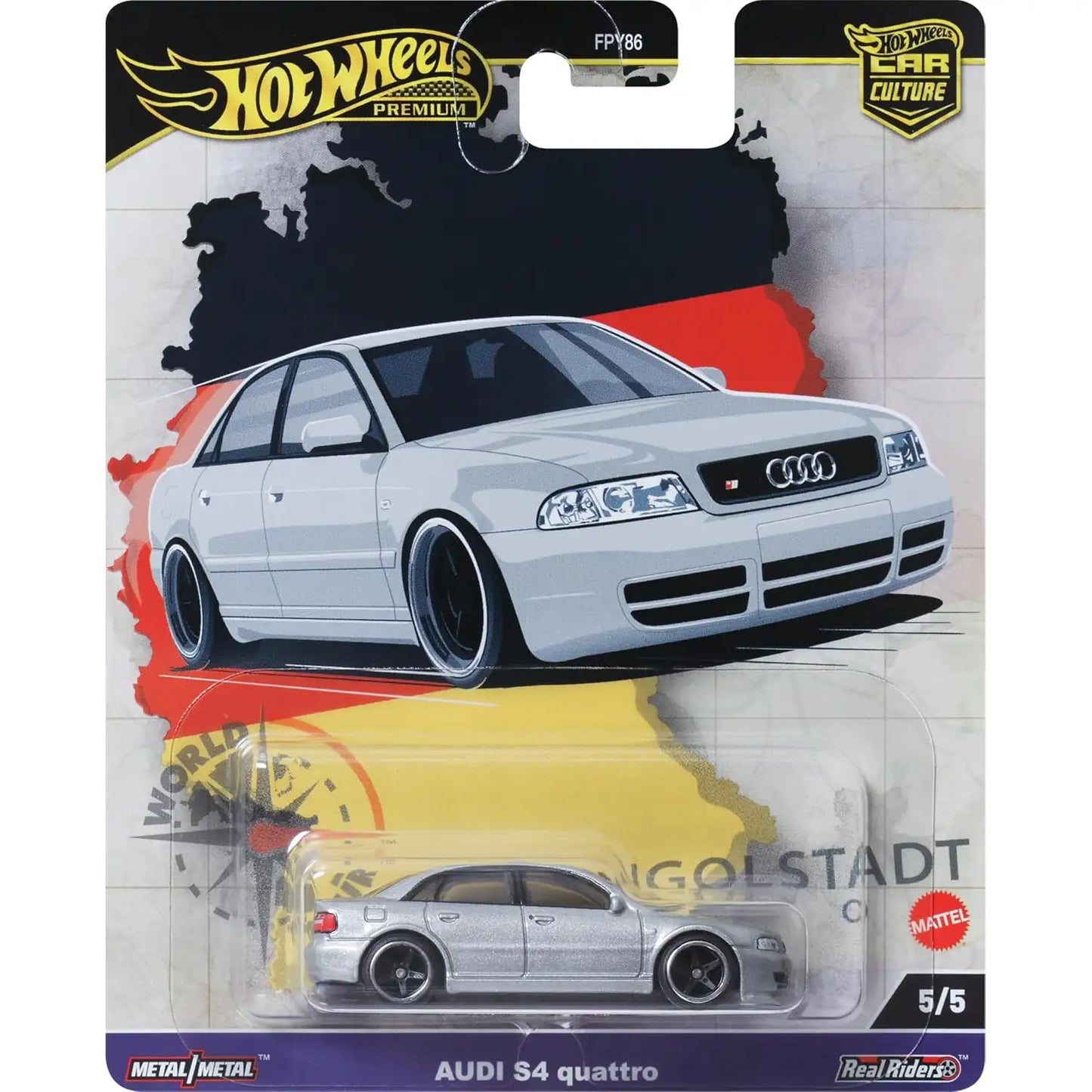 Hot Wheels 1:64 Audi S4 quattro World Tour 5/5 premium die-cast model in Light Silver Metallic with Real Riders wheels and Metal/Metal construction.