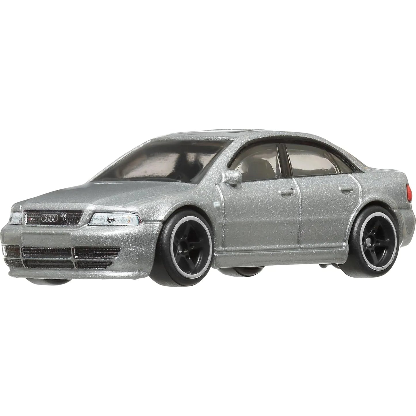 Hot Wheels 1:64 Audi S4 quattro World Tour 5/5 premium die-cast model in Light Silver Metallic with Real Riders wheels and Metal/Metal construction.