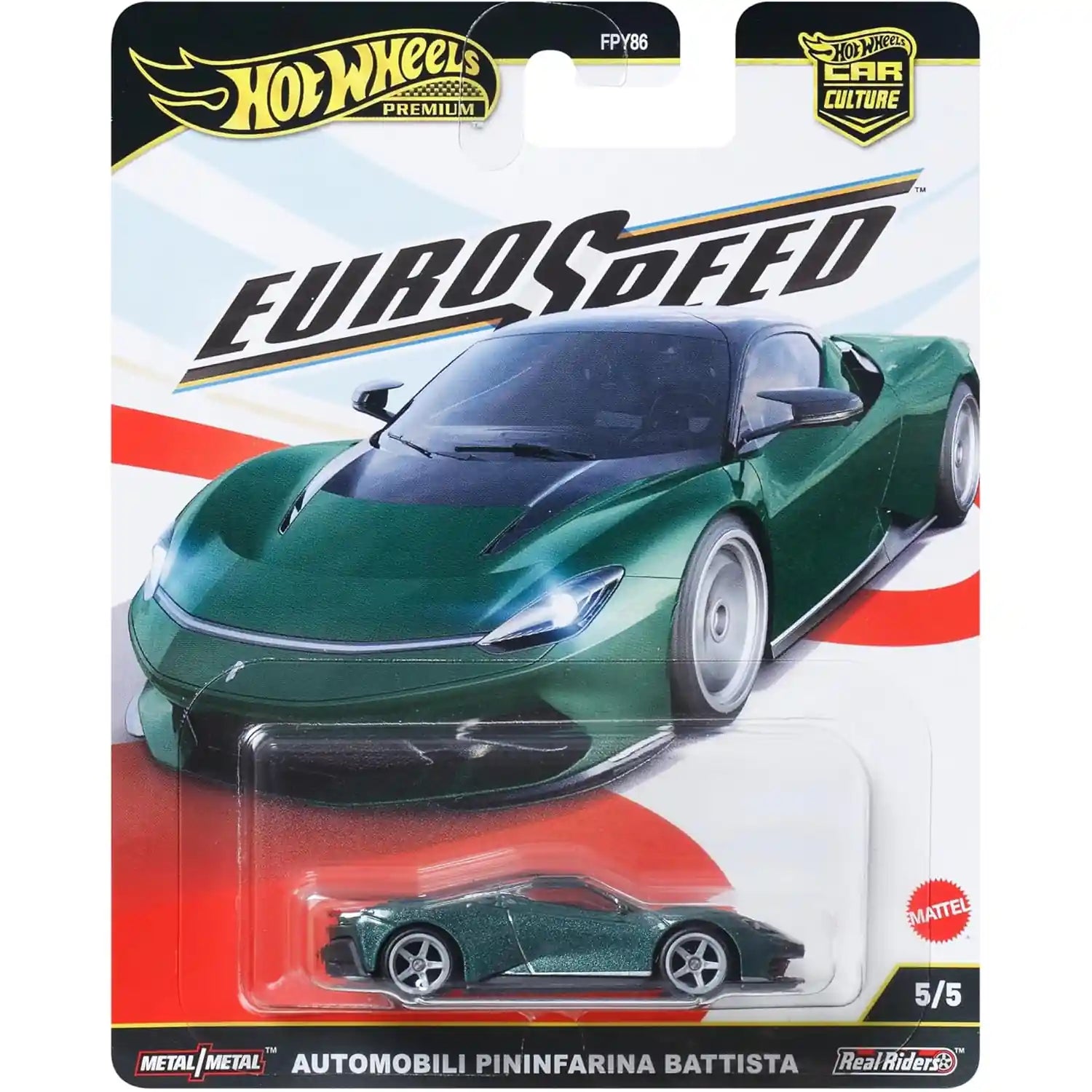 Hot Wheels Car Culture Euro Speed Automobili Pininfarina Battista die-cast with Real Riders wheels and green finish