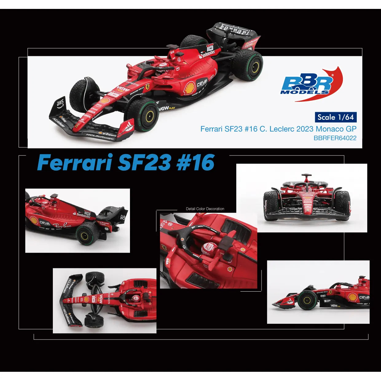 BBR Models 1:64 Ferrari SF23 #16 Charles Leclerc Monaco GP 2023 BBRFER64022