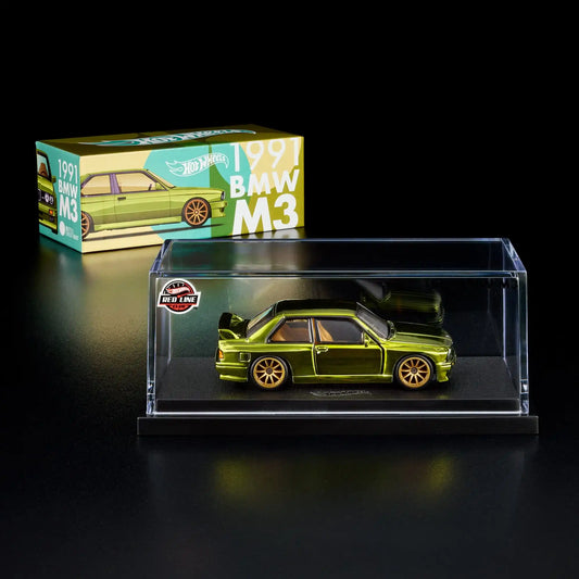 Hot Wheels RLC Exclusive 1991 BMW M3 in Spectraflame Olive with Real Riders gold 10-spoke wheels and opening doors.