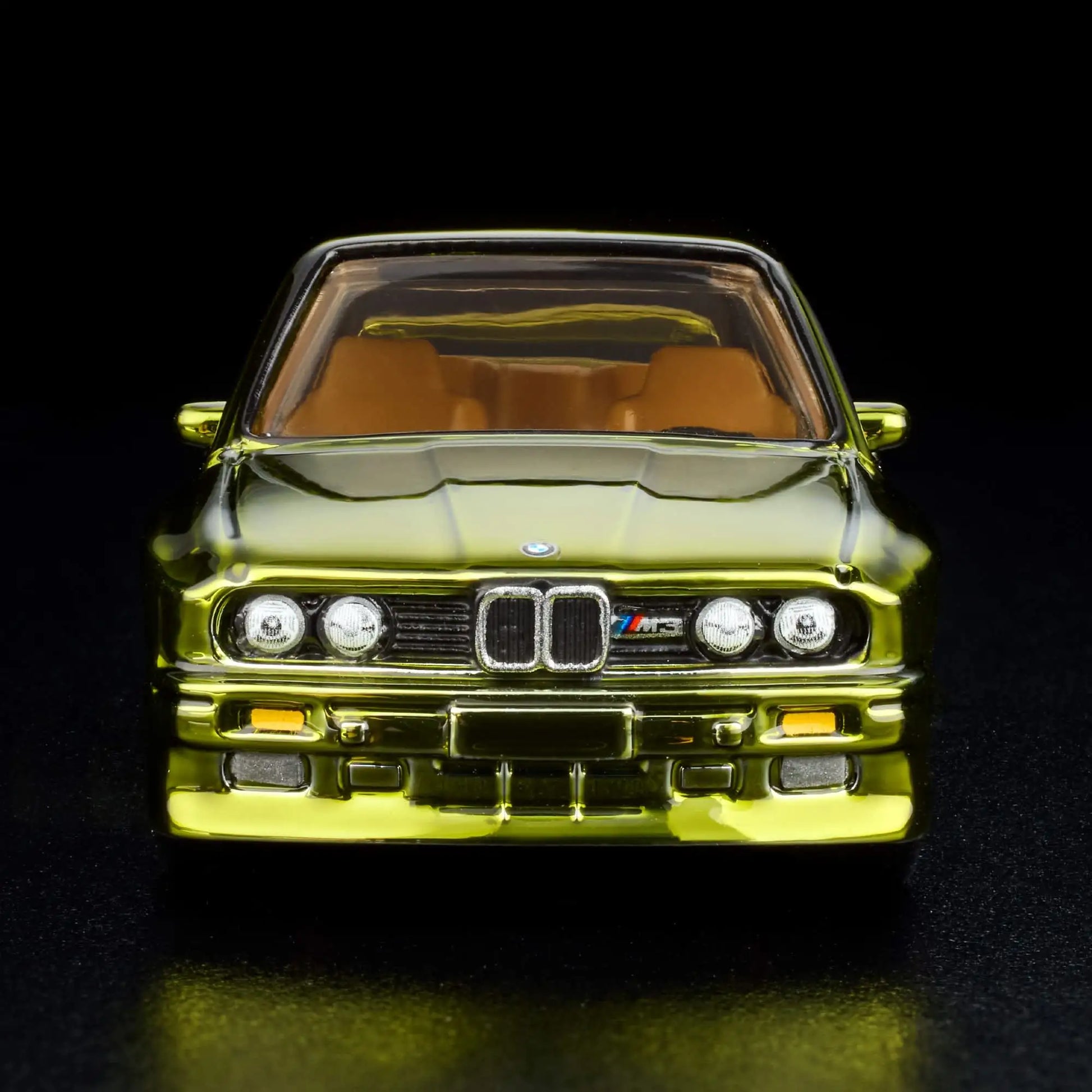 Hot Wheels RLC Exclusive 1991 BMW M3 in Spectraflame Olive with Real Riders gold 10-spoke wheels and opening doors.