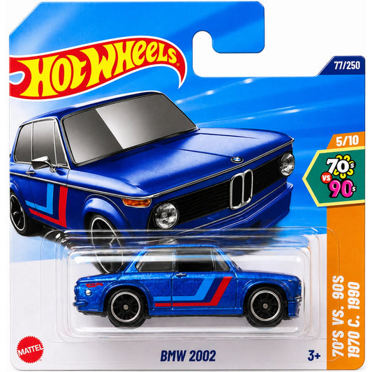 Hot Wheels BMW 2002 metallic blue 1:64 die-cast from 2025 70s vs 90s series 77/250 5/10 JBB61 in packaging.