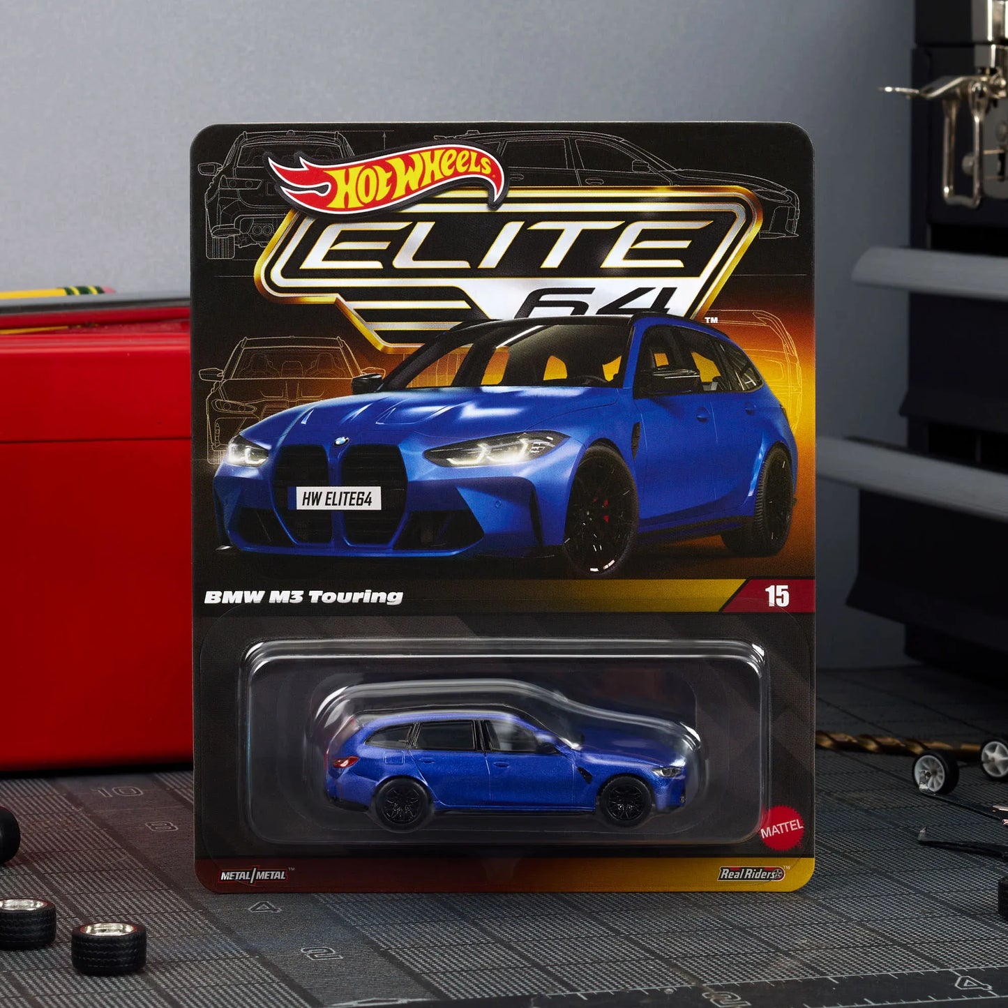 Hot Wheels Elite 64 BMW M3 Touring 1:64 scale die-cast model in Frozen Portimao Blue with Real Riders wheels