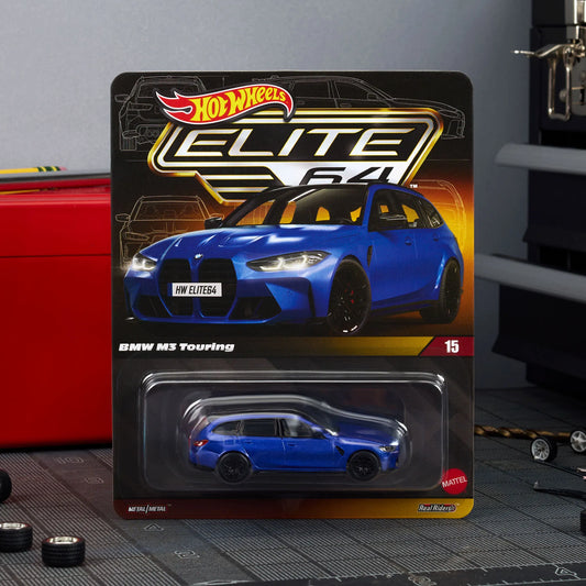 Hot Wheels Elite 64 BMW M3 Touring 1:64 scale die-cast model in Frozen Portimao Blue with Real Riders wheels