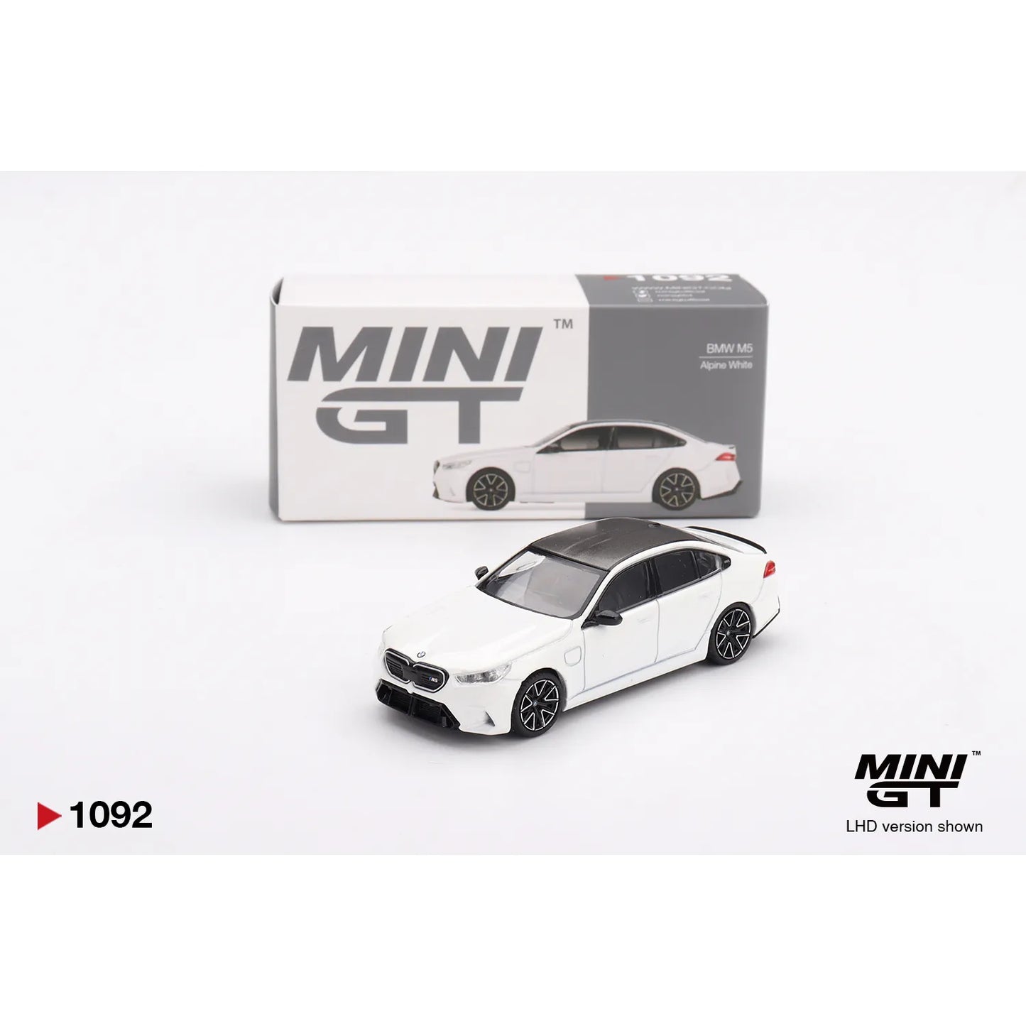 Mini GT 1:64 BMW M5 G90 Alpine White 2025 die-cast model car.