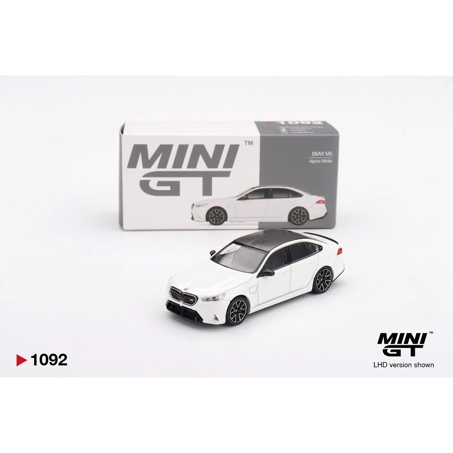 Mini GT 1:64 BMW M5 G90 Alpine White 2025 die-cast model car.