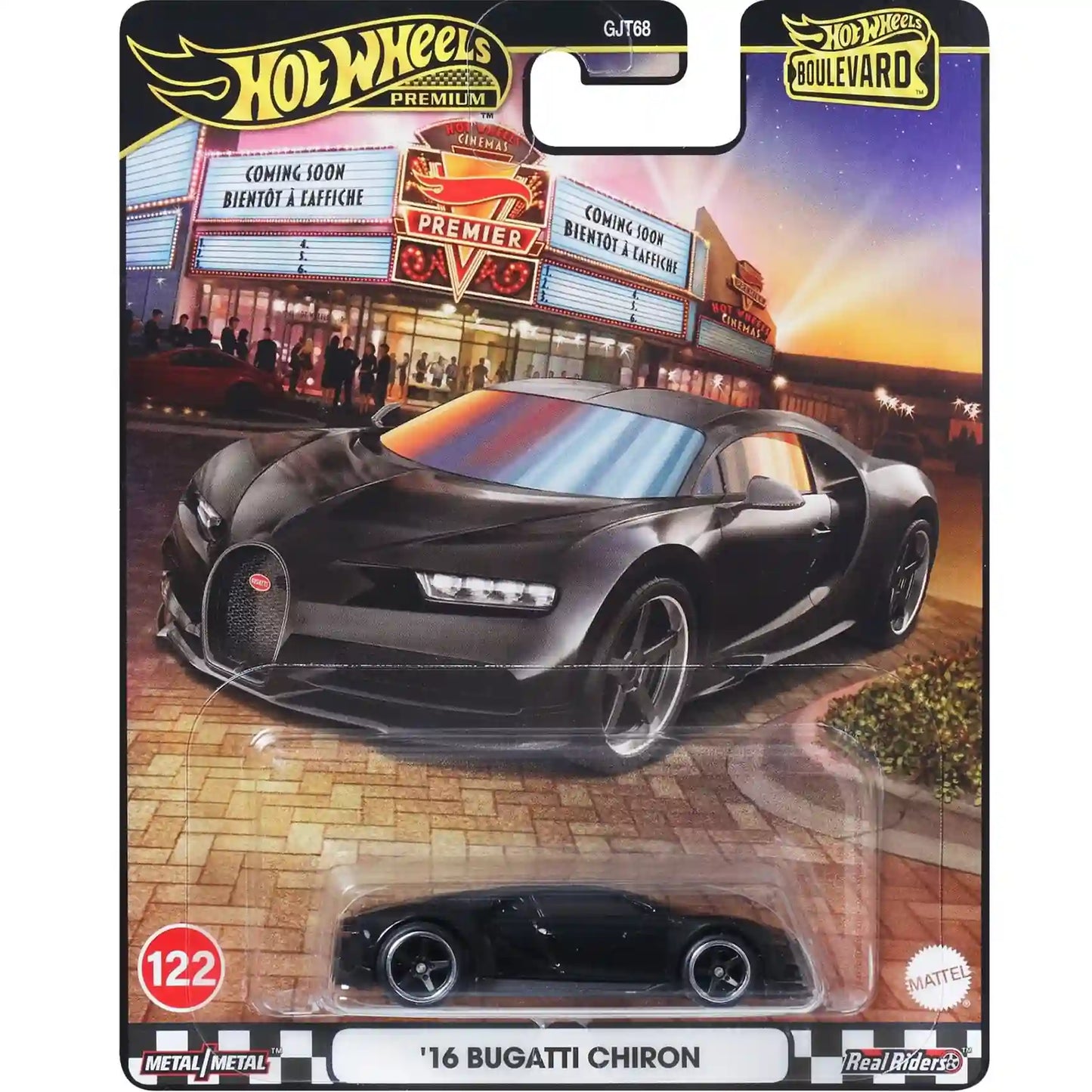 Hot Wheels 1:64 scale '16 Bugatti Chiron Boulevard premium die-cast car with Real Riders wheels and Metal/Metal construction.