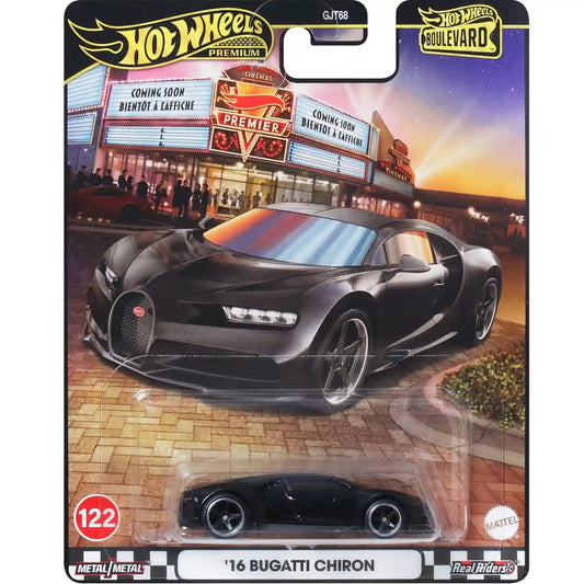 Hot Wheels 1:64 scale '16 Bugatti Chiron Boulevard premium die-cast car with Real Riders wheels and Metal/Metal construction.