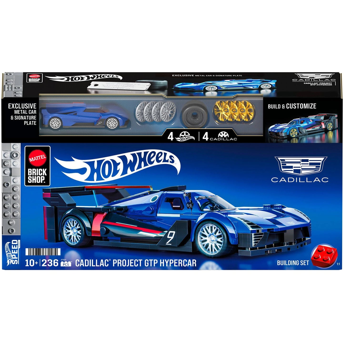 Mattel Brick Shop 1:32 scale Cadillac Project GTP Hypercar set with exclusive die-cast car and customization features