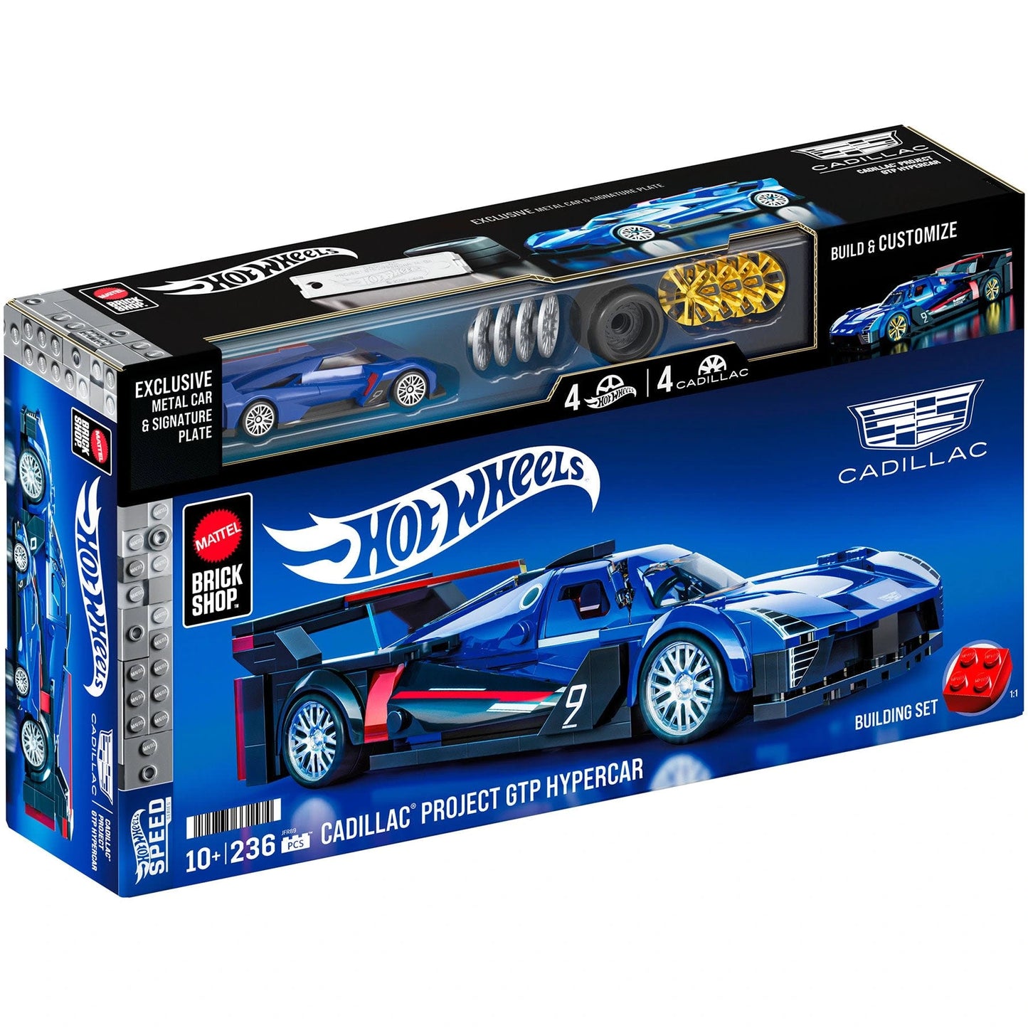Mattel Brick Shop 1:32 scale Cadillac Project GTP Hypercar set with exclusive die-cast car and customization features