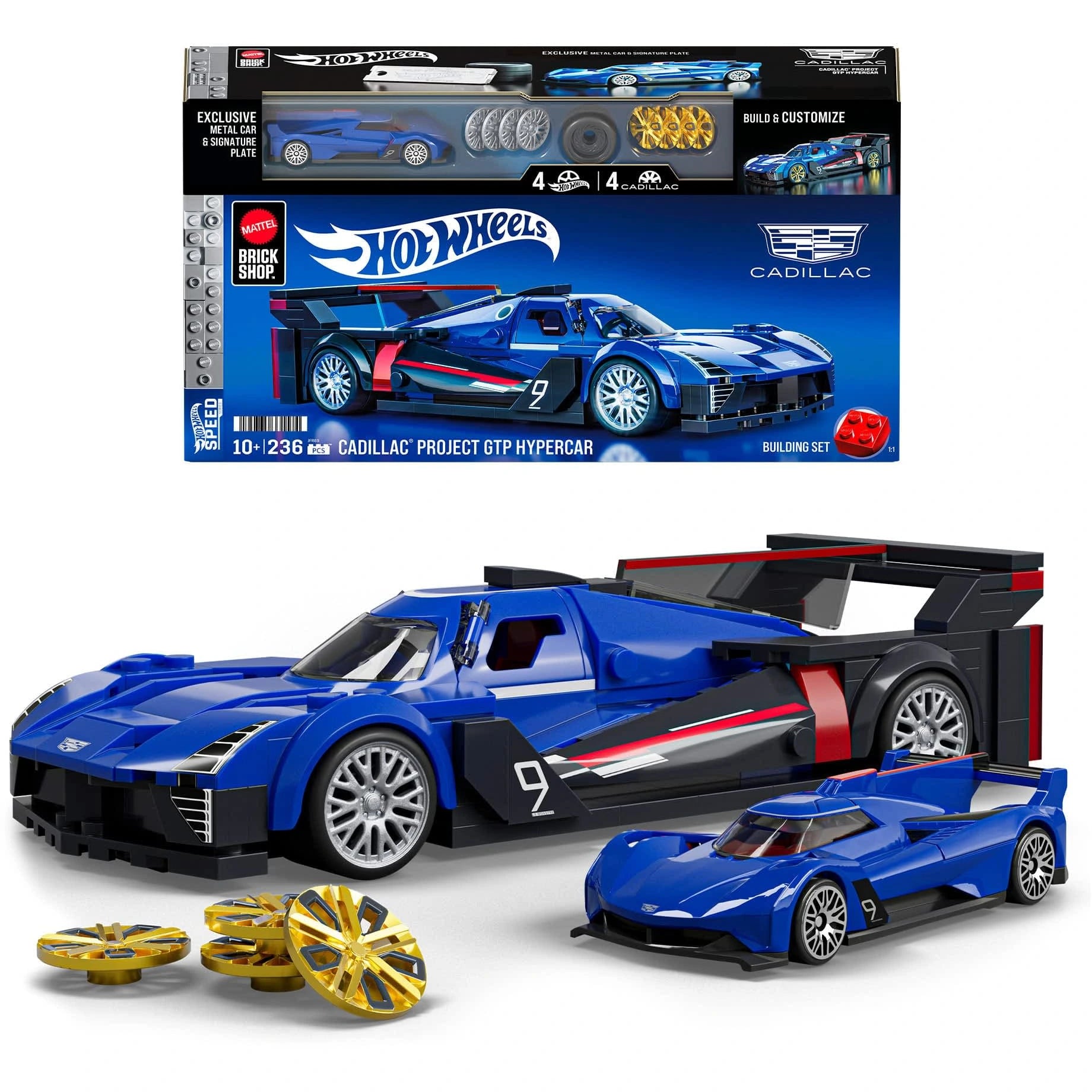 Mattel Brick Shop 1:32 scale Cadillac Project GTP Hypercar set with exclusive die-cast car and customization features
