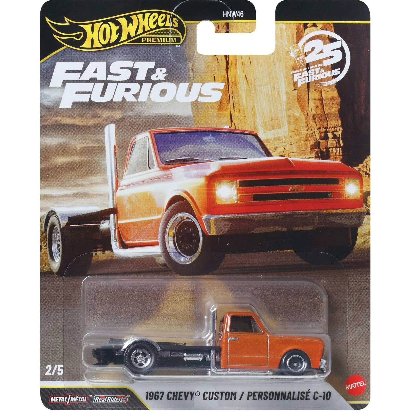Hot Wheels 1:64 scale 1967 Chevy Custom C-10 Fast & Furious premium die-cast truck with Real Riders wheels.