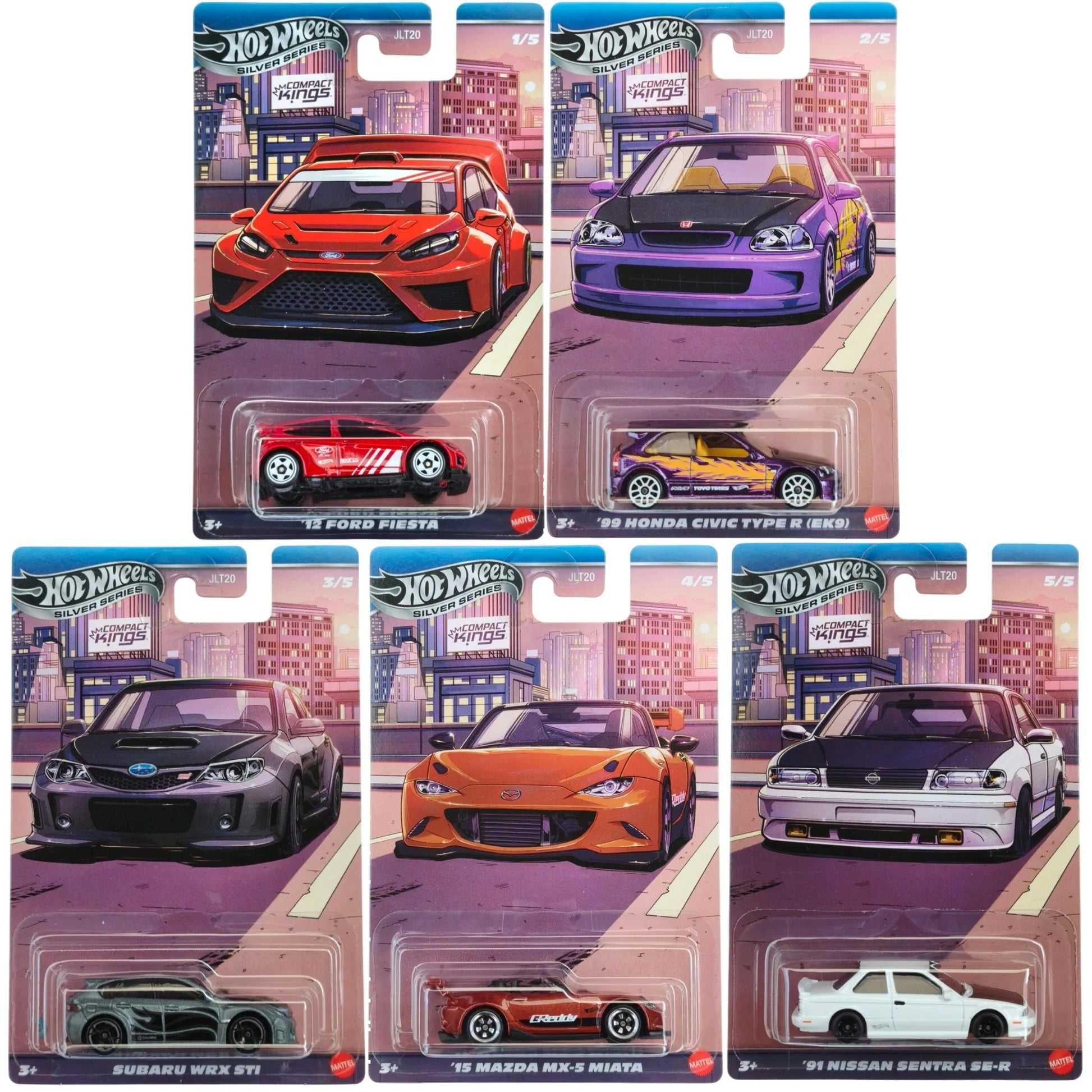Hot Wheels Compact Kings Silver Series complete set of 5 die-cast cars featuring Ford Fiesta, Honda Civic EK9, Subaru WRX STI, Mazda MX-5 Miata, and Nissan Sentra SE-R.