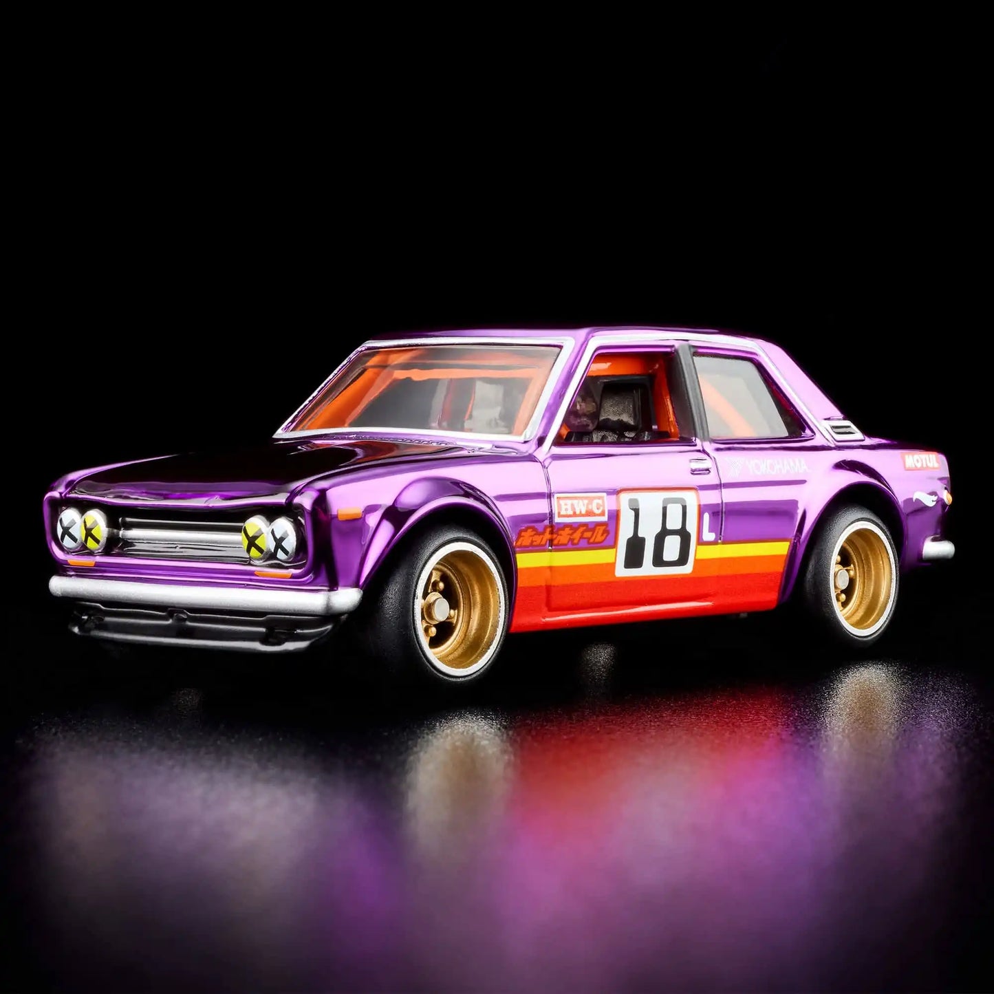 Hot Wheels RLC Exclusive '71 Datsun 510 in Spectraflame Purple with opening hood, L18 engine, and Real Riders gold 4-spoke wheels.
