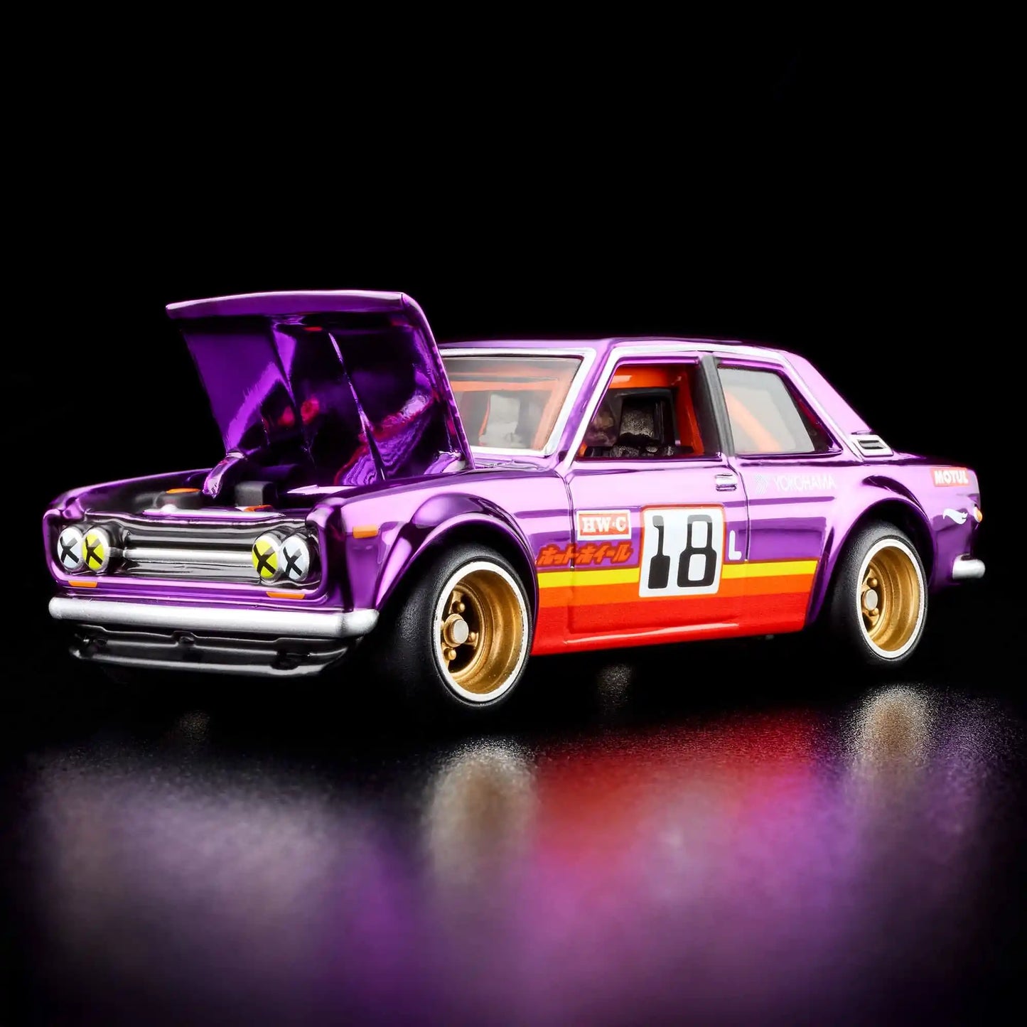 Hot Wheels RLC Exclusive '71 Datsun 510 in Spectraflame Purple with opening hood, L18 engine, and Real Riders gold 4-spoke wheels.