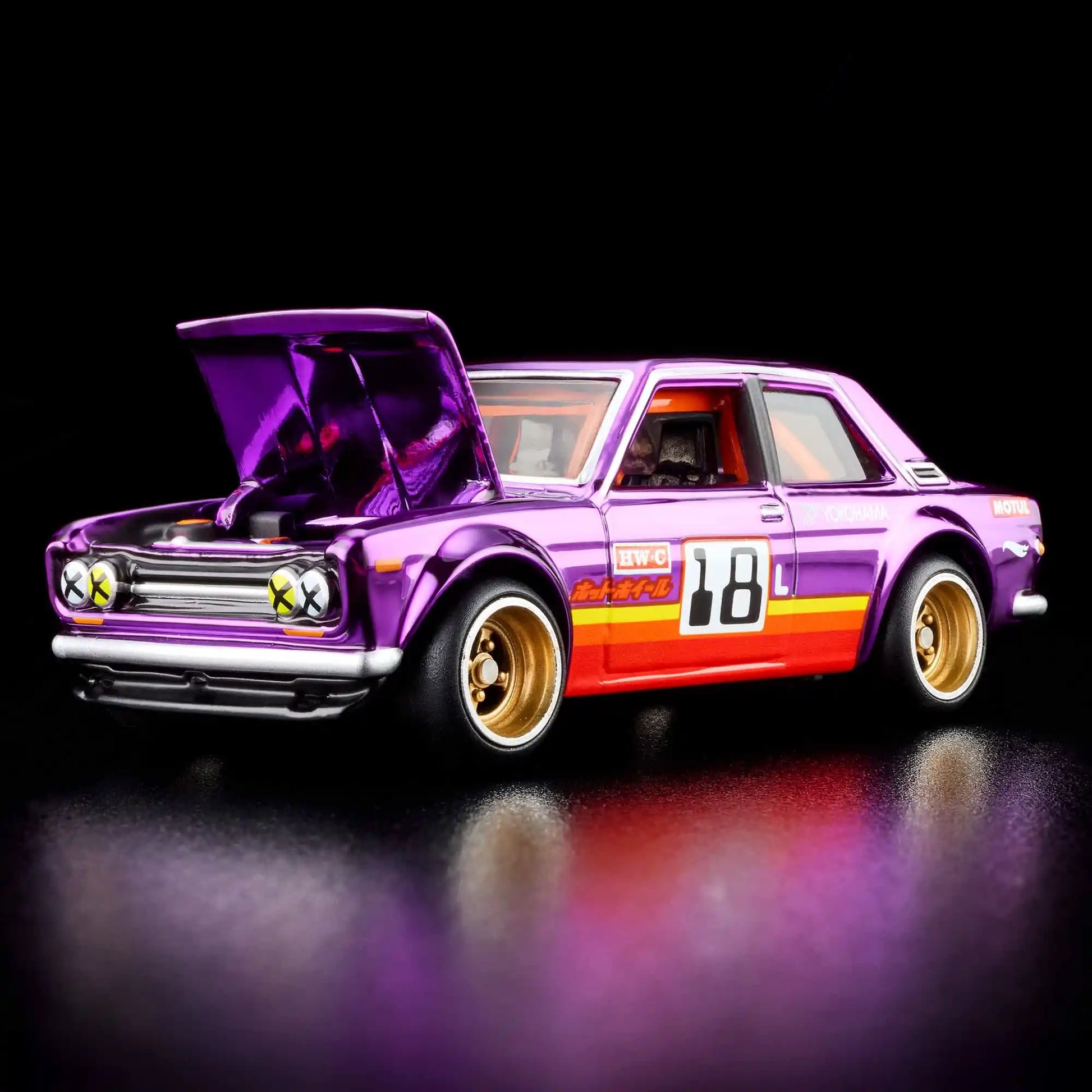 Hot Wheels RLC Exclusive '71 Datsun 510 in Spectraflame Purple with opening hood, L18 engine, and Real Riders gold 4-spoke wheels.