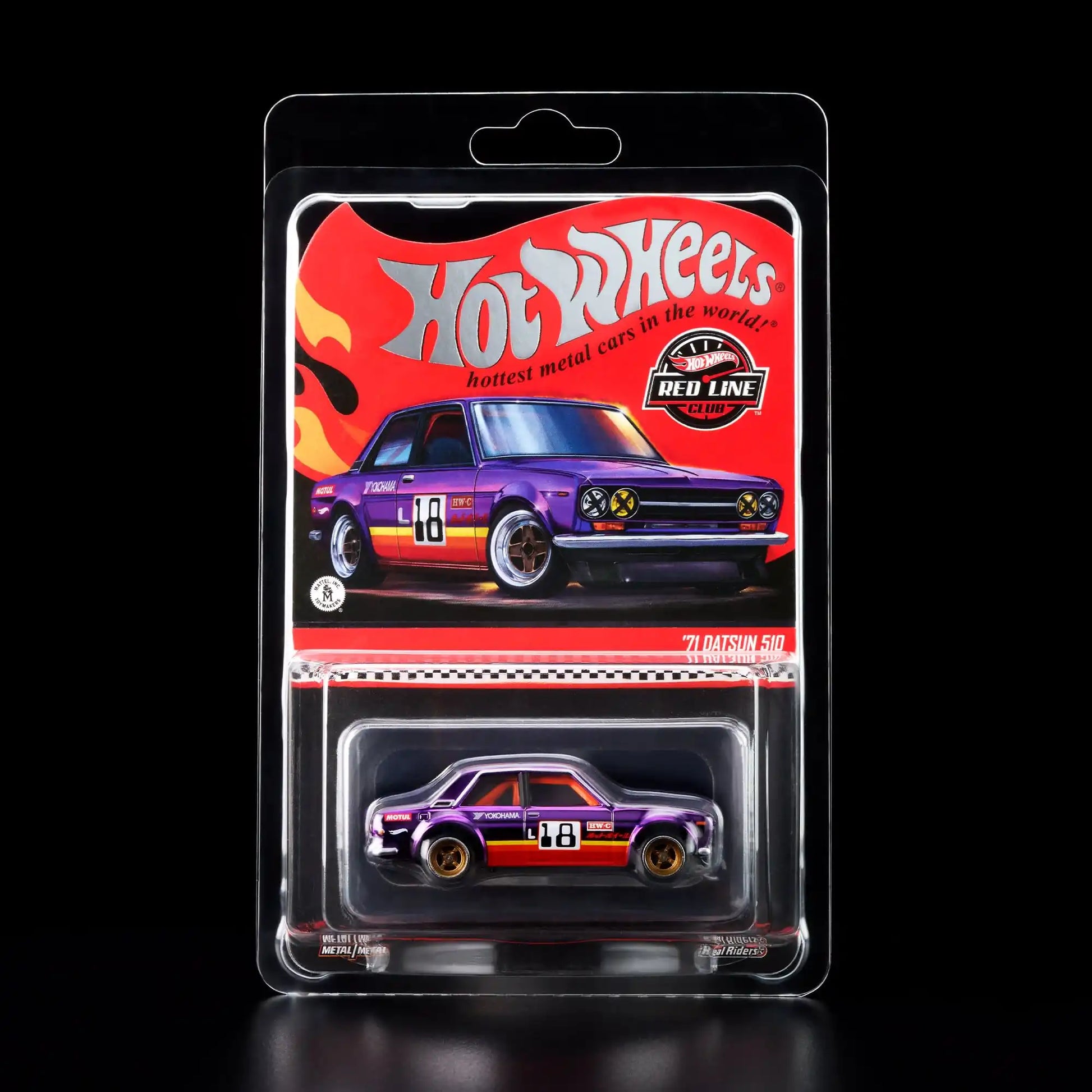 Hot Wheels RLC Exclusive '71 Datsun 510 in Spectraflame Purple with opening hood, L18 engine, and Real Riders gold 4-spoke wheels.